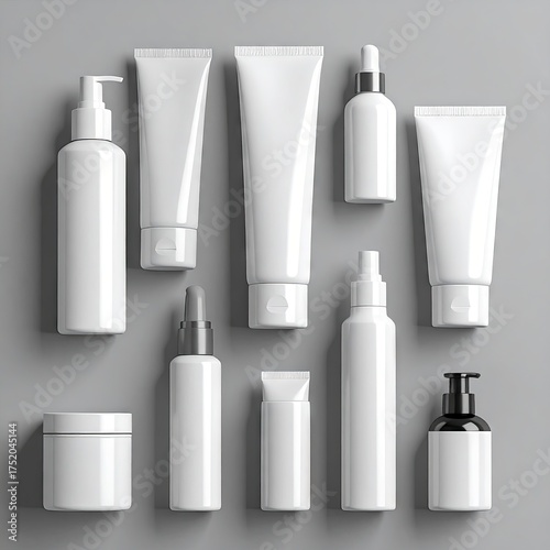 Collection of empty white cosmetic bottles tubes and jars for beauty products.