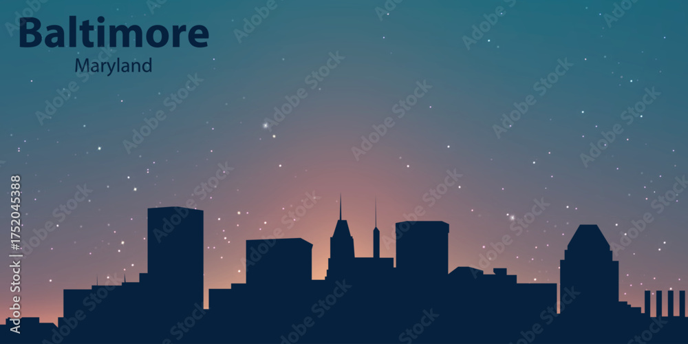 Fototapeta premium Silhouette of Baltimore, Maryland, against an evening sky with a gradient from pink to blue. Stars are visible in the sky, and below are the outlines of buildings forming the city skyline.