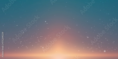 evening or morning sky with a gradient from pink to blue, with scattered stars across the sky. A faint light resembling sunrise or sunset is visible on the horizon.