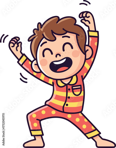 Cartoon child dancing in colorful pajamas, joyful expression, bedtime or morning routine, playful movement, striped and polka dot outfit, vector illustration