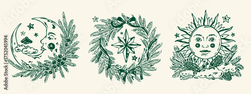 Set of vintage hand drawn Christmas compositions with moon, sun, stars, and wreath made of pine branches, cones, berries, and ribbons. Monochrome linear vector illustration for holiday design
