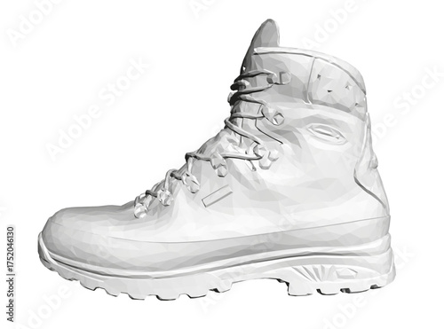 Polygonal military boots with white low poly design feature a lace-up closure and durable rubber sole. The lightweight upper material is ideal for outdoor activities.
