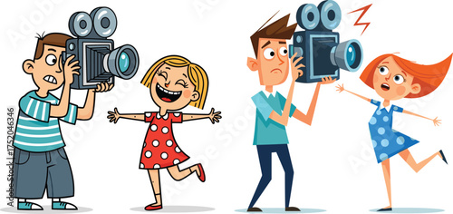 Cartoon children filming with vintage cameras, playful reactions, photo shoot scene, creative activity, expressive poses, vector art, white background, fun moment
