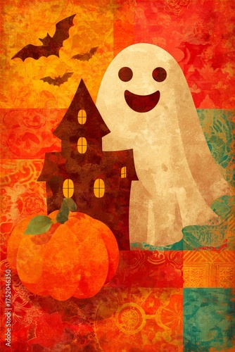 A joyful ghost stands beside a haunted house and pumpkin, set against a colorful Halloween backdrop.