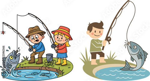 Cartoon children fishing at pond, outdoor fun, catching fish, summer activity, nature scene, playful moment, colorful illustration, leisure adventure