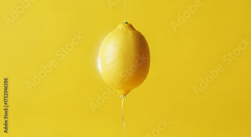 Bright yellow lemon hanging on string against yellow backdrop, suggestive of a balloon, representing freshness, citrus flavor, sourness and joyfulness