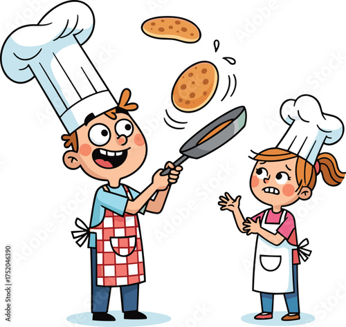 Cartoon children flipping pancakes, fun cooking activity, chef outfit, kitchen humor, breakfast preparation, playful expression, colorful illustration, culinary scene