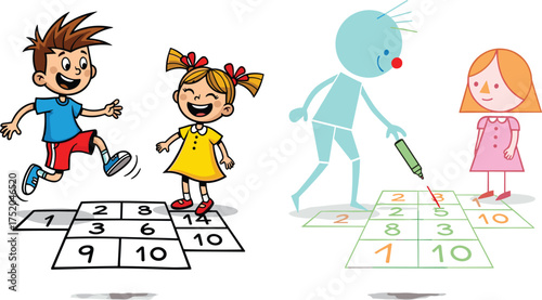 Cartoon children playing hopscotch, creative grid design, outdoor fun, number game, drawing activity, learning moment, vector art, white background, joyful scene