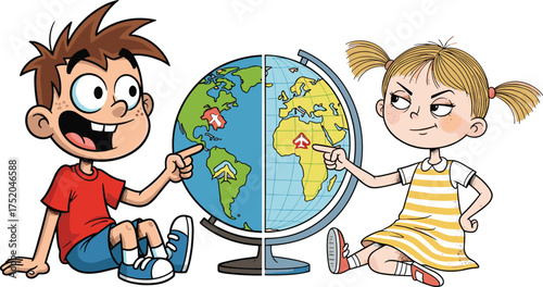 Cartoon children pointing at globe, western and eastern hemisphere, geography learning, global connection, travel concept, vector illustration, white background