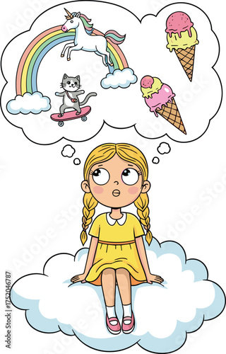 Cartoon girl daydreaming, cloud sitting, unicorn jumping rainbow, cat on skateboard, ice cream cones, imagination concept, fantasy scene, vector art, playful