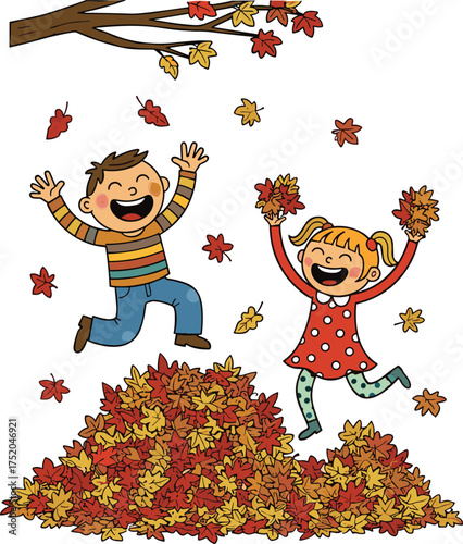 Cartoon kids playing in autumn leaves, fall season fun, outdoor activity, jumping children, colorful foliage, celebration moment, vector art, white background