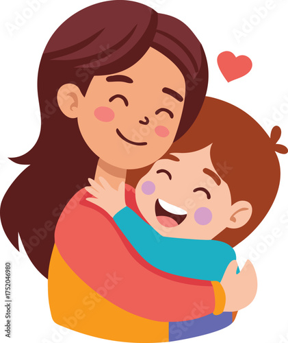 Mother and Child Hugging with Happiness Vector Illustration