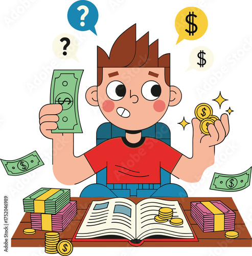 Cartoon person analyzing money at desk, holding cash and coins, financial decision-making, budgeting concept, economy study, colorful illustration design