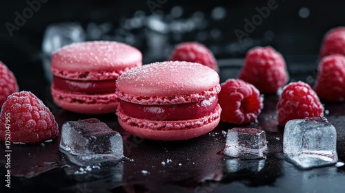 Raspberry Macarons with Ice Cubes on Black Surface