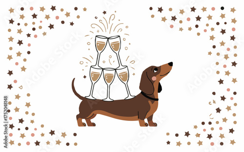 Celebrate with festive dachshund carrying champagne tower, perfect for party invitations, greeting cards, and social media posts, stylish and fun