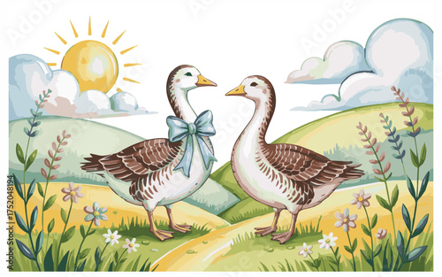 Charming watercolor geese celebrating love and romance in a sunlit meadow, perfect for springtime greetings and heartfelt messages of affection
