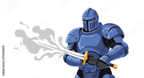 A medieval knight in full armor drawing a sword with smoke effects.