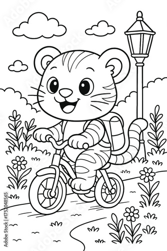 A happy cartoon tiger cub with a backpack rides a bicycle on a park path.