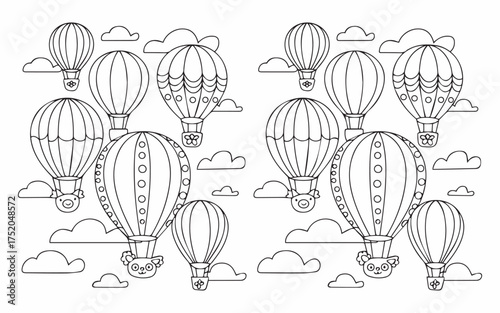 Whimsical hot air balloons coloring page with cute animal characters floating in the sky for kids' creative fun and imaginative play