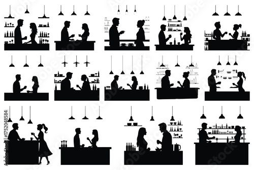 Silhouettes of people at bars and cafes with drinks