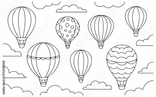 Whimsical hot air balloons and fluffy clouds floating in the sky, perfect for children's books, playful designs, and cheerful creative projects