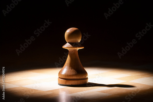 A dramatic spotlight on a pawn, encouraging reflection on self-worth and the journey to leadership.
