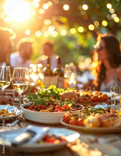 Outdoor dining celebration with friends and family enjoying a festive meal at sunset.