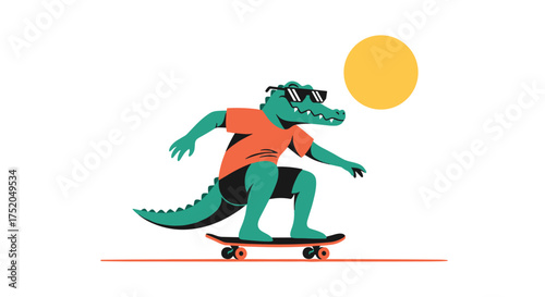A cool alligator wearing sunglasses and an orange shirt rides a skateboard under the bright sun.