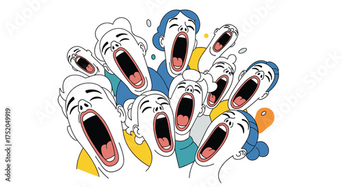 A cacophony of faces opens their mouths wide in an exaggerated expression of shouting.