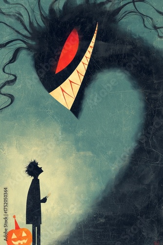 The illustration depicts a young boy with messy hair looking up at a large, ominous creature, creating a spooky atmosphere.