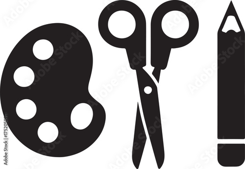 Flat silhouette of hobby tools: paint palette, scissors, and pencil symbolizing creativity.