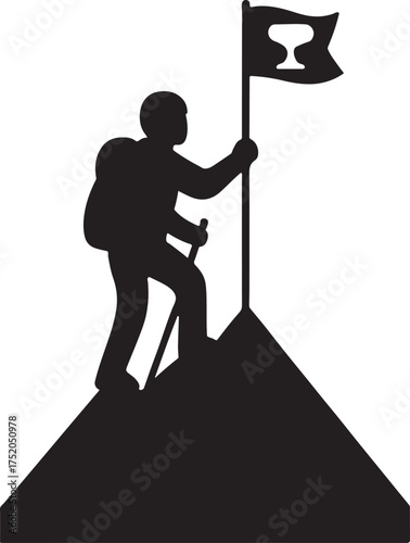 Mountain climber silhouette holding trophy flag on peak symbolizing achievement and success.