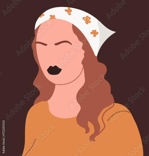 Woman abstract face portrait. Faceless young female dark hair character with headscarf, head avatar. Hand drawn vector illustration.