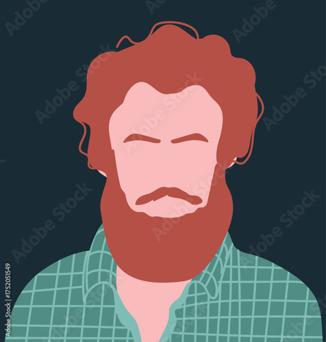 Abstract portrait of a red-haired man with a beard, mustache, and thick hair. Hand-drawn vector illustration.
