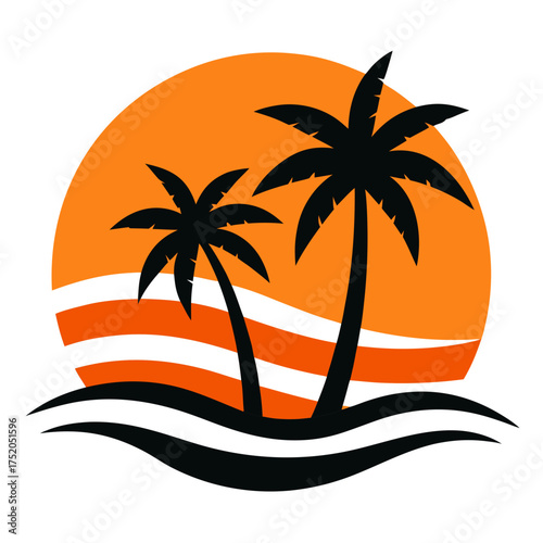 Palm trees and ocean waves in silhouette against an orange sunset vector
