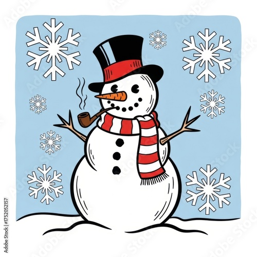 Snowman in a top hat and scarf smoking a pipe with falling snowflakes. Winter holiday character illustration for Christmas card.