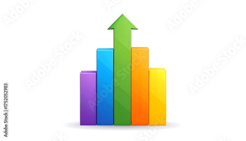 A multicolored bar graph points upward with a green arrow, representing growth and success on a white background Free Download A multicolored bar graph points upward with a green arrow, representing growth and success on a white background - GFXLoad