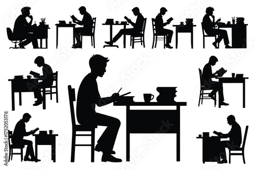 Black silhouettes of people reading and writing at desks