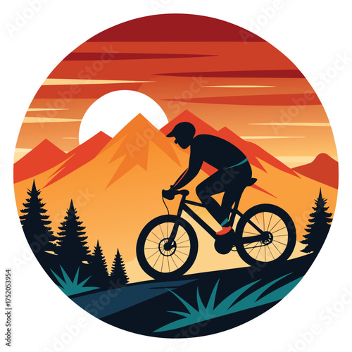 Mountain biking adventure icon. Silhouette of a cyclist riding in the mountains at sunset.