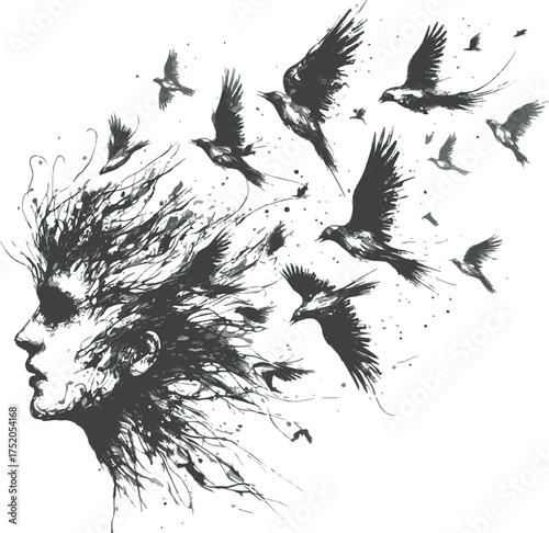 A dynamic black ink sketch of a woman’s profile dissolving into flowing lines and flying birds. Expressive and dramatic, it evokes freedom, transformation, and creative energy