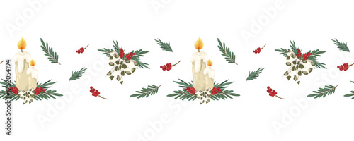 Christmas seamless horizontal border with lit candles, bows, jingle bells, and winter branches. Hand drawn  illustration