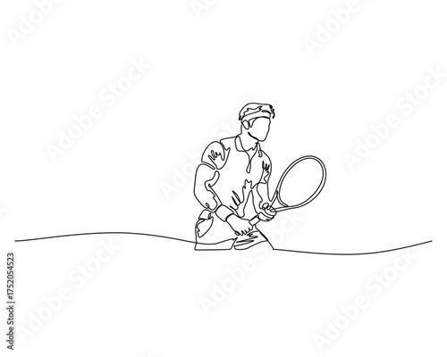 Minimalist line art of tennis player in headband performing backhand stroke, clean sports design