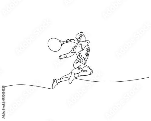 Minimalist line drawing of tennis player mid-air stroke, dynamic motion and athletic expression