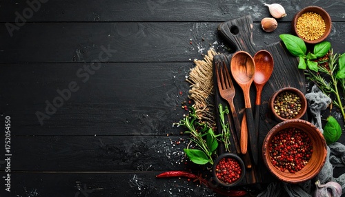 Rustic culinary ingredients and wooden utensils arranged on a dark background.
