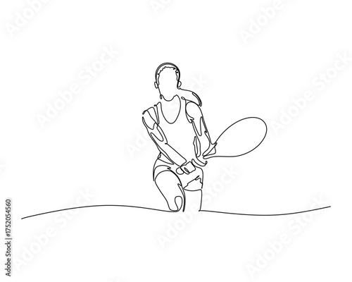 Minimalist line drawing of tennis player with long hair in backhand motion, fluid sports illustration