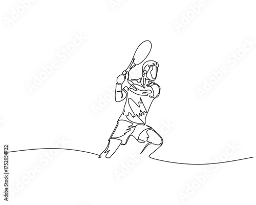 Continuous line art of a tennis player in action, gripping racket with both hands. Minimalist style captures motion, focus, and athletic form in a sleek, modern sports illustration