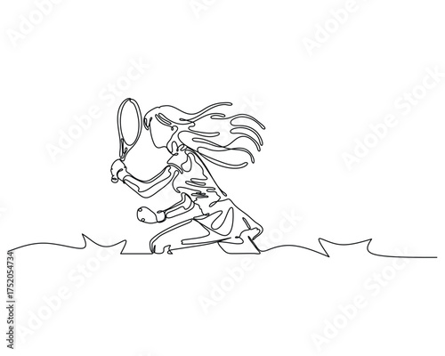 Minimalist one-line drawing of a tennis player in action pose, crouched with racket ready. Dynamic, fluid lines convey motion, energy, and elegance in a modern sports illustration