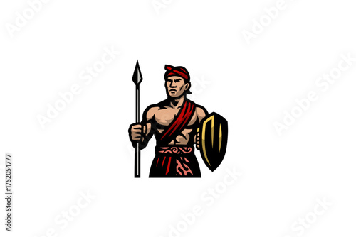 Indonesian Archipelago Warrior Mascot with Spear and Shield Logo Traditional Nusantara Fighter Icon with Red Sash and Weapon