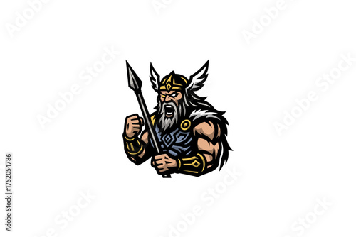 Norse Mythology God Odin Mascot with Winged Helmet and Spear Logo Fierce Old Man or Barbarian E-Sports Team Emblem Vector
