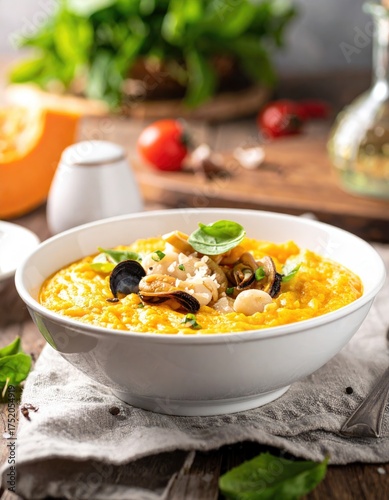 Creamy Pumpkin Soup with Mussels and Fresh Basil Garnish.